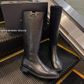 韩国真皮长筒瘦瘦靴女2025年秋冬新款 方头低跟平底加绒显瘦高筒靴