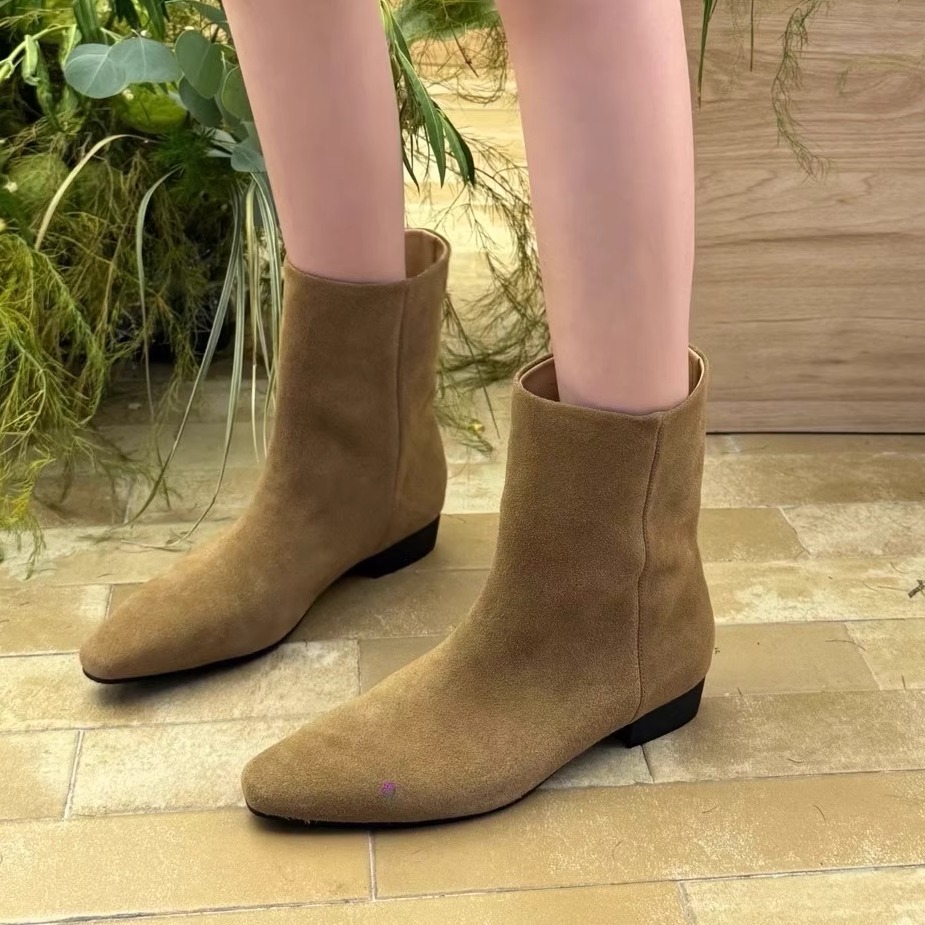 韩版磨砂牛皮平底尖头短靴