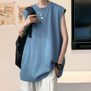 夏季 美式 宽肩跨栏坎肩运动汗衫 T恤设计感潮牌砍袖 高街背心男无袖