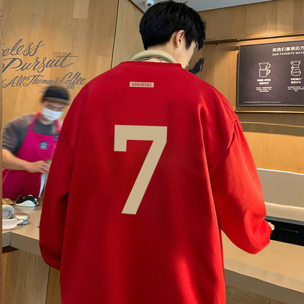圆领卫衣男春秋款oversize潮牌加绒加厚秋冬无帽美式时尚重磅外套