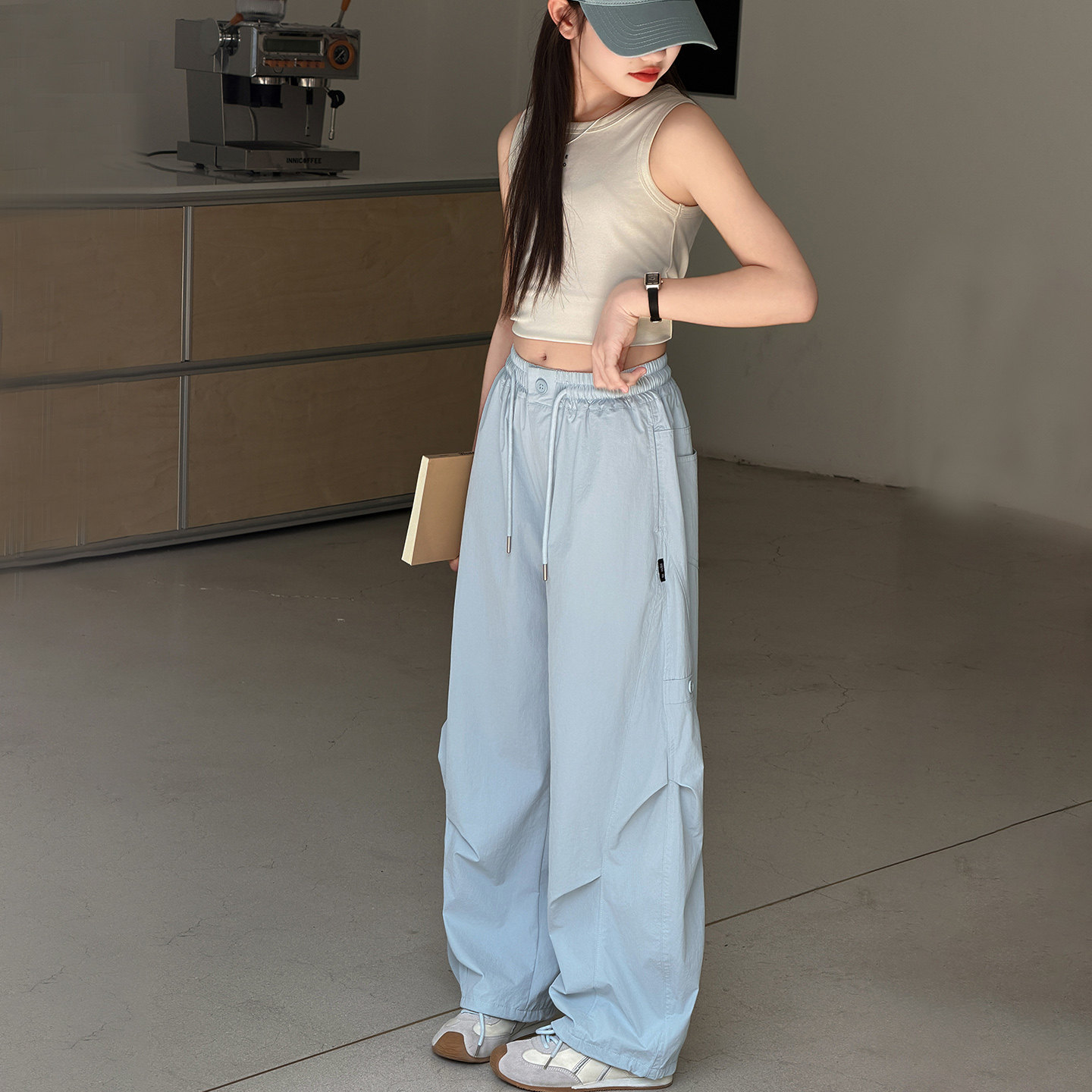 女童浅蓝色高腰阔腿裤夏季薄款宽松垂感工装风休闲长裤中大童透气