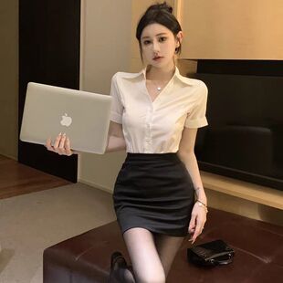 衬衣职业套装 女夏短袖 工作服OL制服 显瘦白色纯欲衬衫 性感V领修身