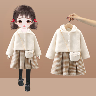 女童冬装套装女宝宝秋冬加绒加厚套裙洋气外套儿童连衣裙两件套潮