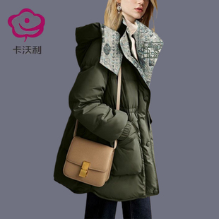 复古高档加厚面包服连帽外套女白鸭绒冬季新款气质绿色中款羽绒服