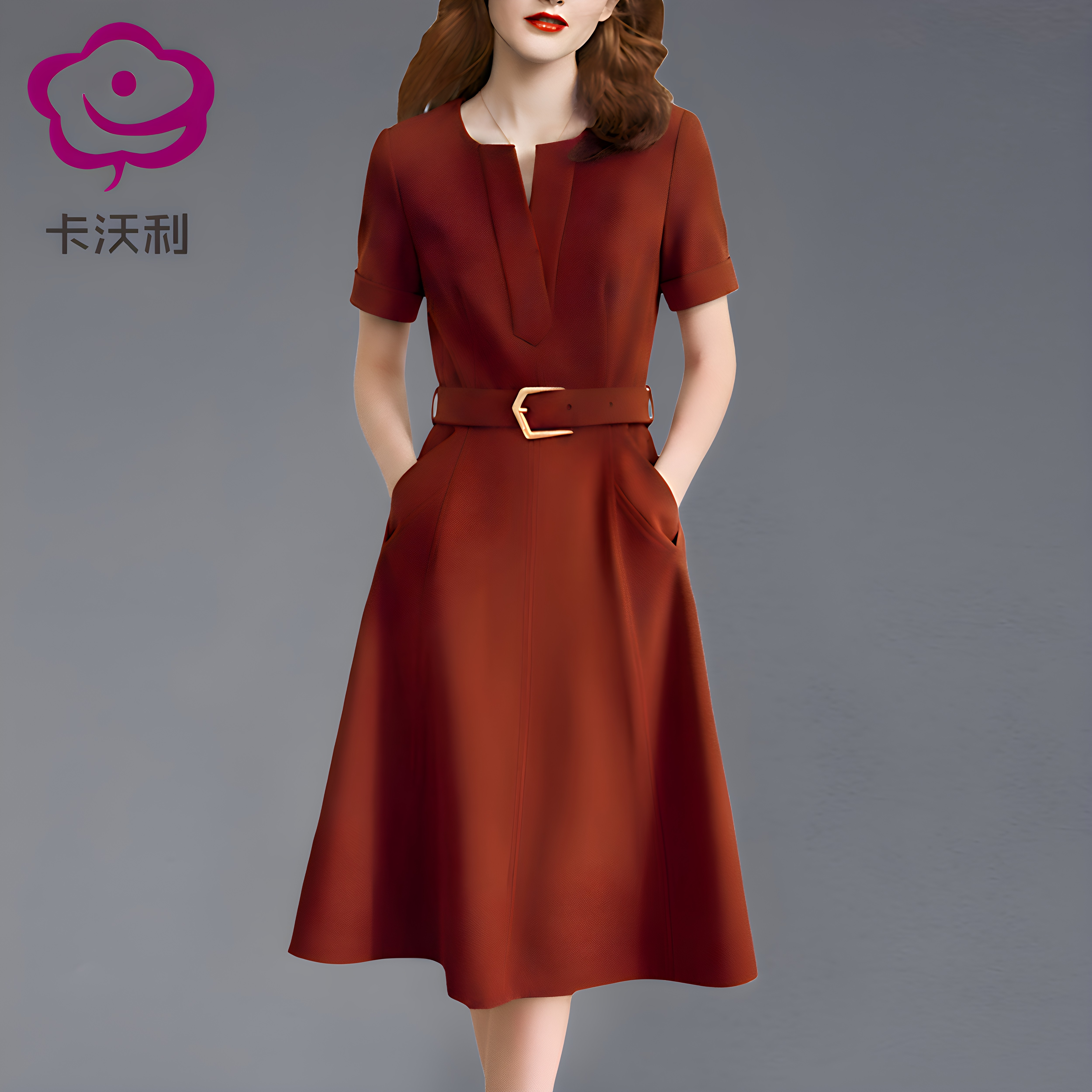 时尚高级名媛风短袖连衣裙夏季新款简约通勤休闲收腰系带款裙子潮