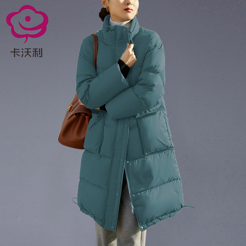 蓝色女装中长款过膝羽绒服卡沃利
