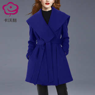 女 羊毛大衣修身 卡沃利大翻领减龄显白宝蓝色毛呢外套2025春季 新品