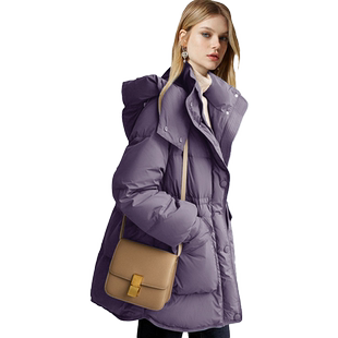 高档时尚加厚面包服连帽外套女白鸭绒冬季新款气质紫色中款羽绒服