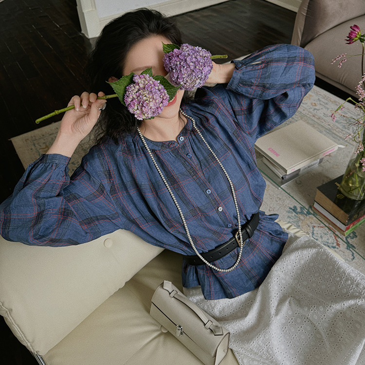 文艺复古 法式优雅气质色织格子宽松慵懒感亚麻长袖衬衫女