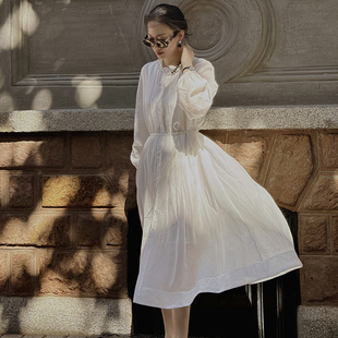onepiece 法式浪漫复古褶皱波浪绣花领天丝亚麻白色连衣裙
