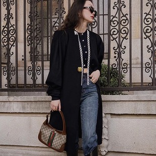 加州中产 英伦小众全羊毛V领立裁泡泡袖金扣长款大衣外套女