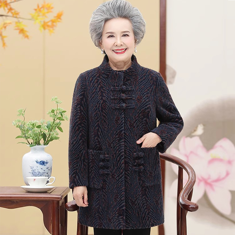 中老年人女洋气大码加厚毛呢外套60岁奶奶装冬装中长款水貂绒大衣