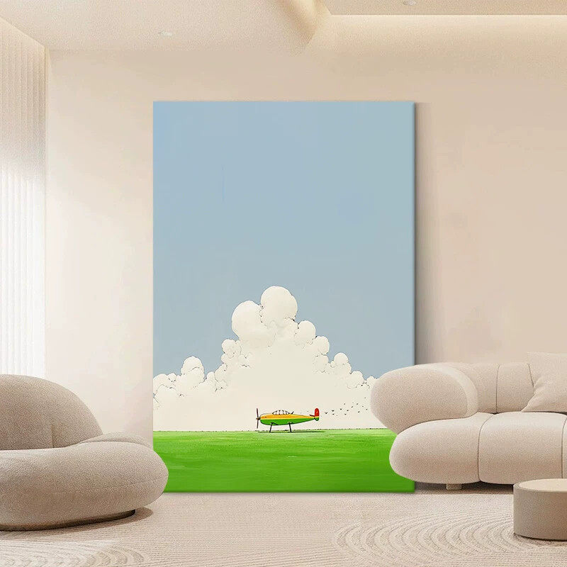 宫崎骏卡通动漫儿童房装饰画客厅墙壁手绘油画玄关治愈系飞机挂画