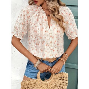 Womens Floral Print Shortsleeve Blouse Bohemian Elegant