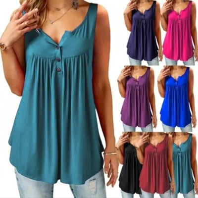 Vneck Button Pleated Tank Tshirt Casual Women top