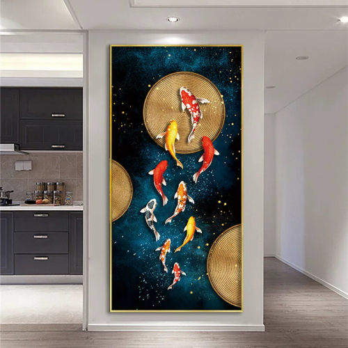 玄关九鱼图装饰画现代简约入户客厅正对门壁画新中式招财竖版挂画