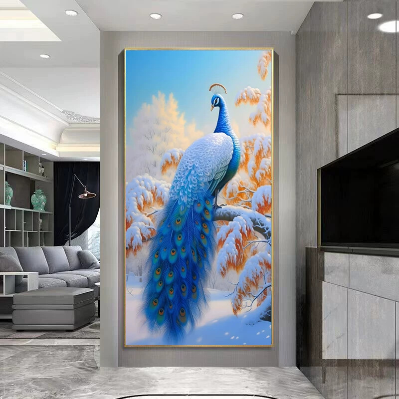 富贵孔雀入户玄关装饰画轻奢高档LED发光立体镶钻走廊过道灯画