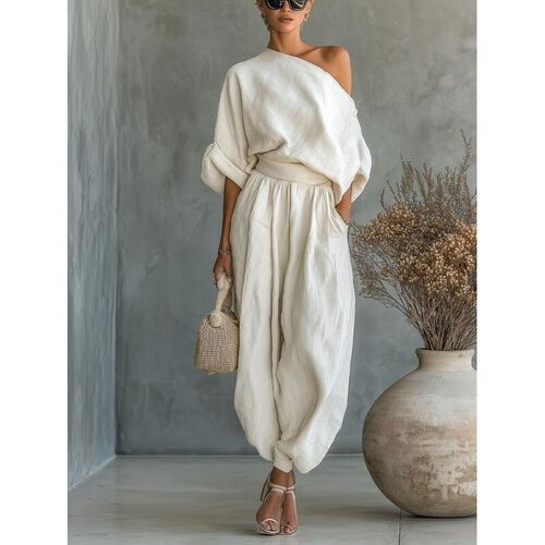 2pcs Set OffShoulder Loose Top And Jogger Pants Relaxed