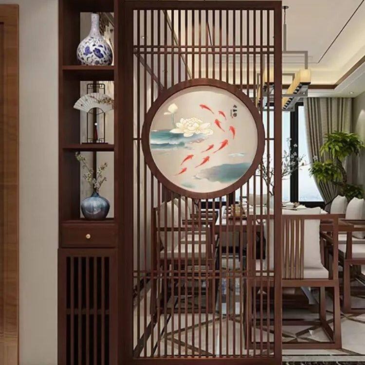 新中式屏风隔断客厅遮挡入户玄关柜置物架实木家用镂空格栅屏风柜