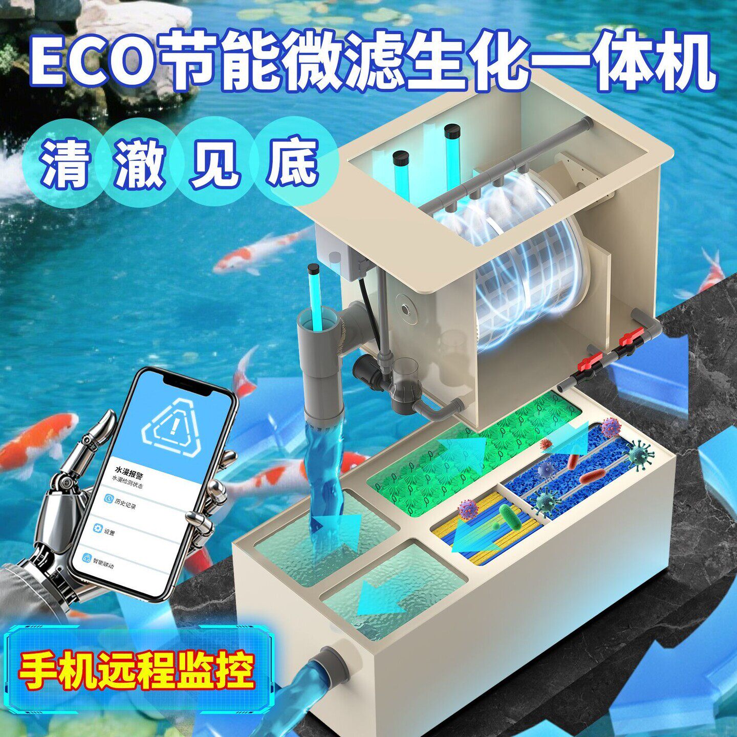 鱼池微滤机养鱼水循环系统外置水泵制氧生化一体机过滤器免清洗工