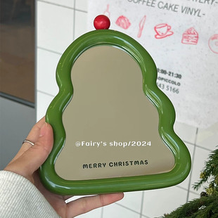 ins耶诞树化妆镜办公室桌面台式 梳 可立可爱小镜子学生宿舍可携式