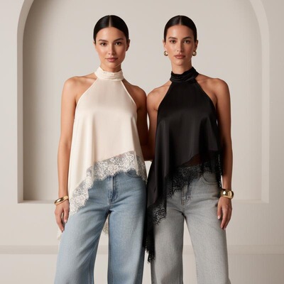 Womens Satin Halter Top Asymmetrical Hem with Lace Trim