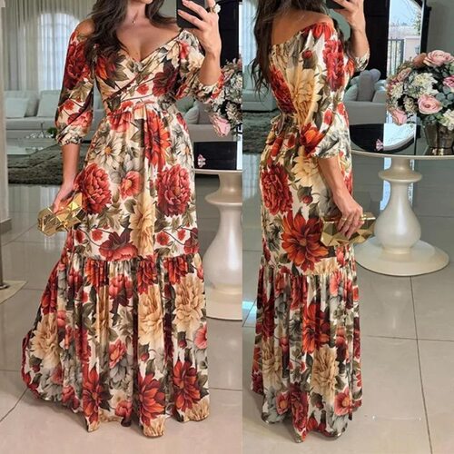 Lantern Sleeve Extra Long Dress Bohemian Style Floral