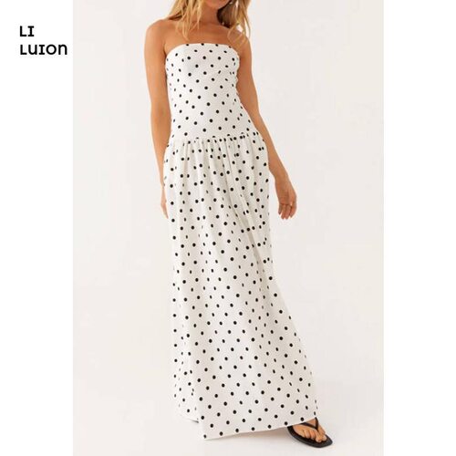 Women White Polkadot Strapless Maxi Dress Flowy Y2k Backless