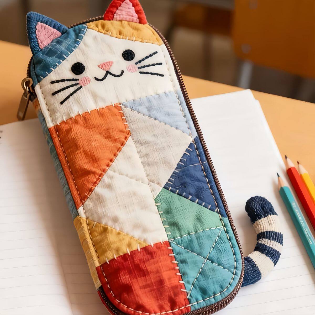 日系撞色拼布笔袋可爱猫猫卡通个性少女心便携文具袋笔收纳