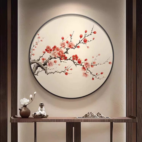 梅花入户玄关装饰画新中式圆形餐厅挂画古风茶楼包厢墙面艺术壁画