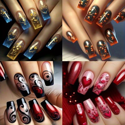 H 54351 Long Blue Gold Flower Nail Stickers 蓝朵美甲贴片