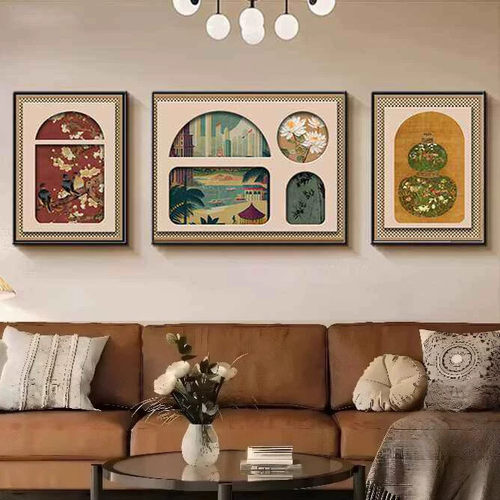 法式复古客厅装饰画美式小众艺术抽象组合画中古风沙发背景墙挂画