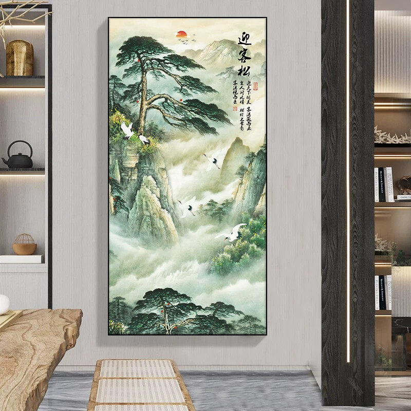 迎客松玄关挂画山水画国画走廊尽头装饰画鸿运当头自建房入户画
