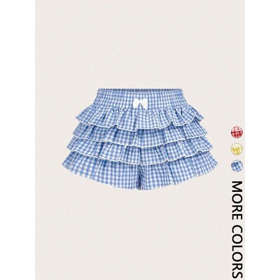 Womens Gingham Print Bow Decor Tiered Layer Shorts Casual