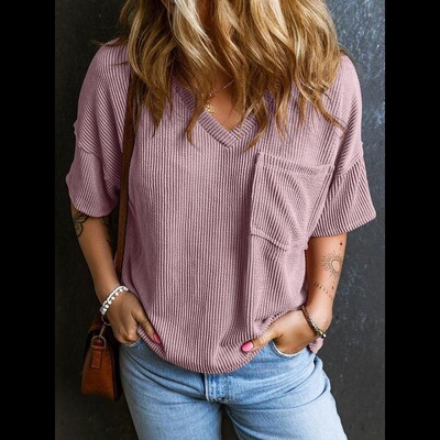 Womens Plain Textured Pocket V Neck Tee Casual Drop