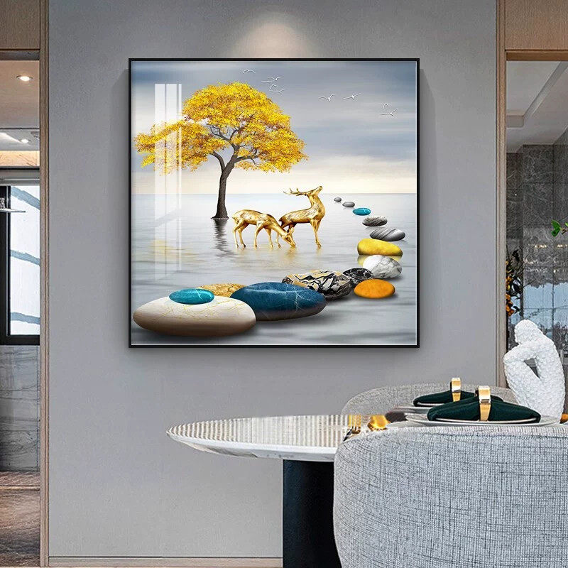 现代简约客厅装饰画正方形单幅餐厅柜子上挂画进门玄关发财鹿壁画
