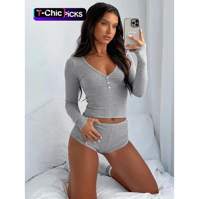 TwoPiece Set Womens Solid Long Sleeve Crop Top High Waist