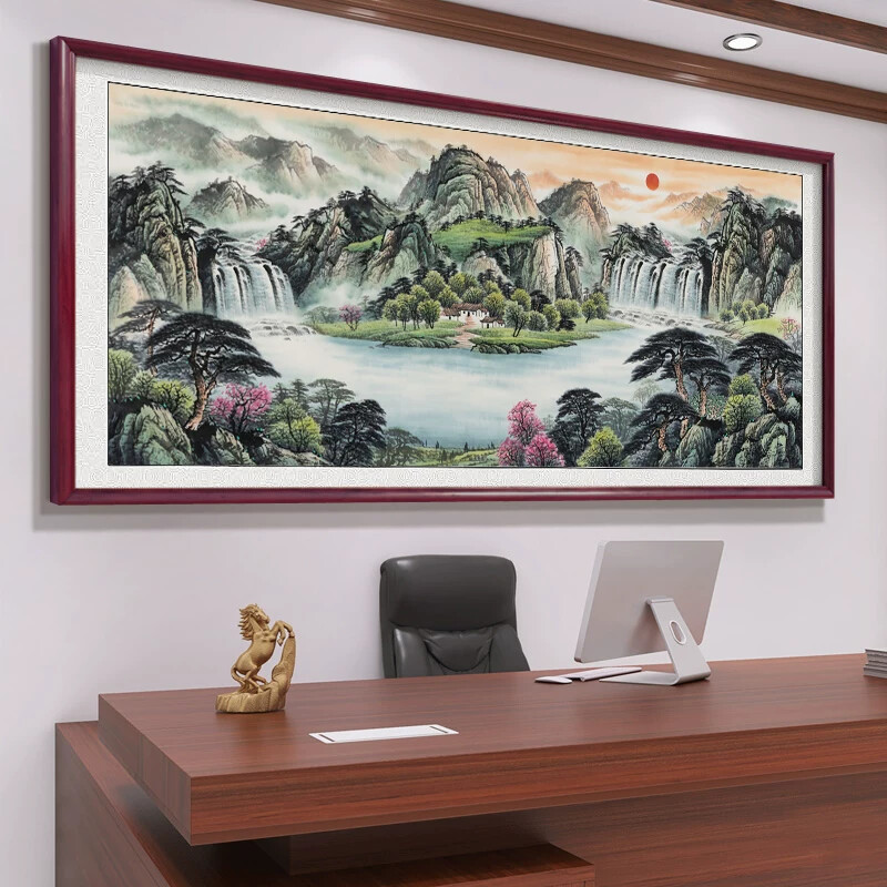 聚宝盆山水画办公室风景挂画客厅装饰八方来财字画茶室茶桌背景墙