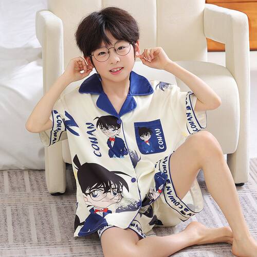 2026新款儿童睡衣男童夏季冰丝薄款短袖长裤大童男孩家居服三件套