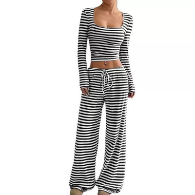 Womens Striped 2 Piece Sets Square Neck Top Cropped Tunic