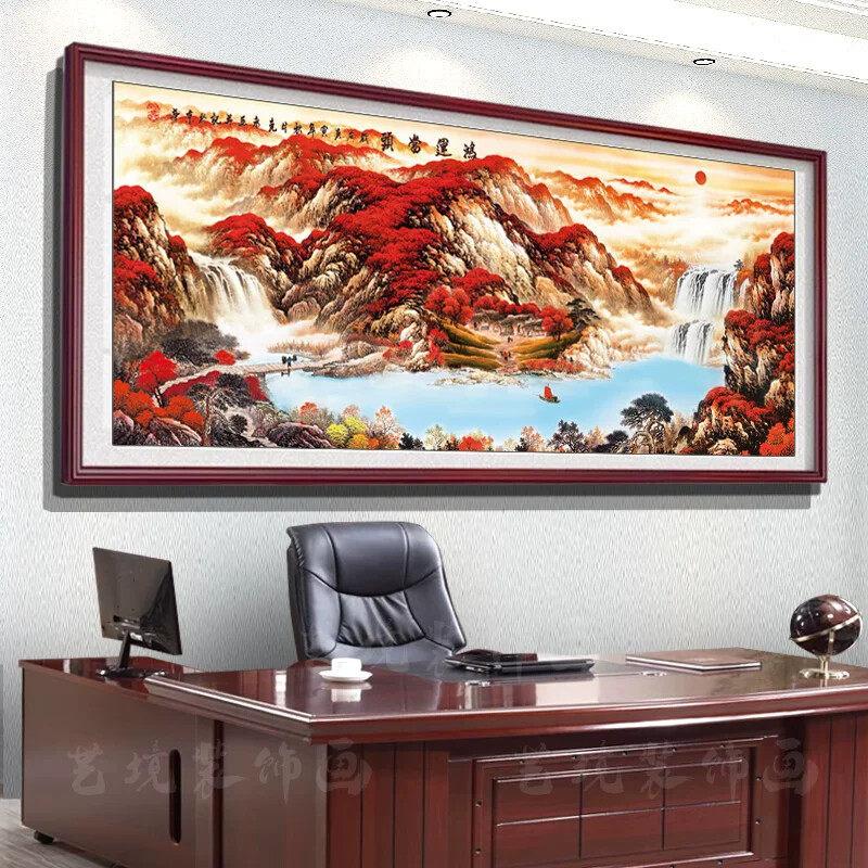 鸿运当头山水国画2024新款茶室字画办公室背景墙客厅装饰风景挂画