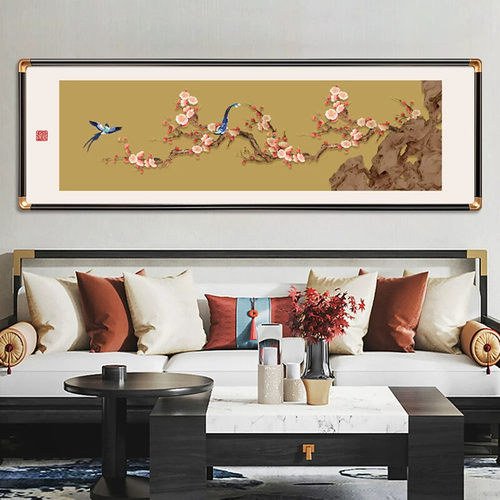 喜上枝头客厅装饰画新中式沙发背景墙挂画横幅喜庆花鸟壁画高端画