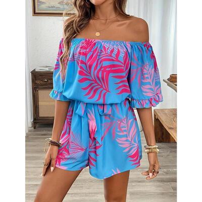 Womens Elegant Open Shoulder Tropical Print Ruffled