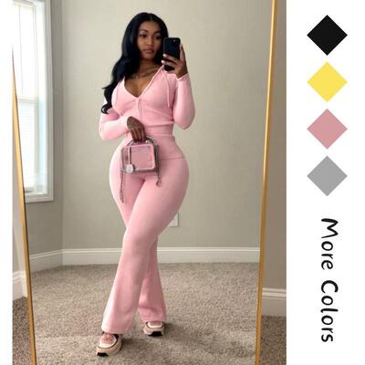 2pcs Knit Sweatsuit for Women Cozy ZipUp Sweater Hoodie with