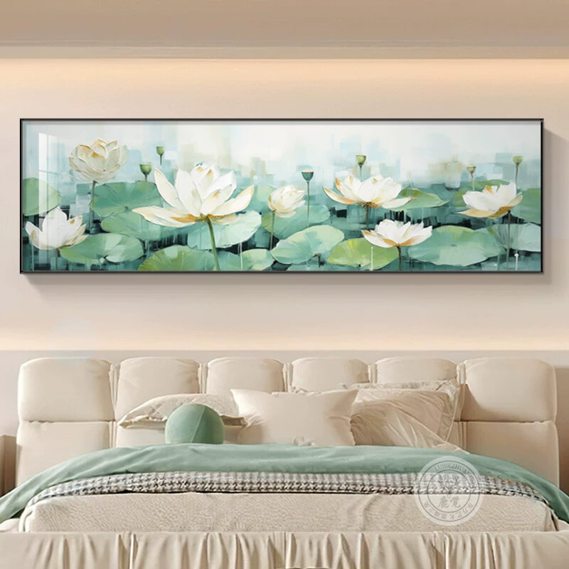 新中式荷花卧室床头装饰画横版莲花客厅壁画温馨主卧房间墙壁挂画