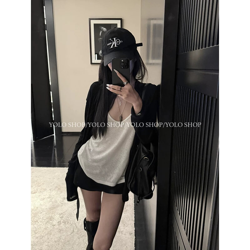 YOLO SHOP 黑色长袖纸片人开衫女春季薄款防晒针织外套空调衫上衣