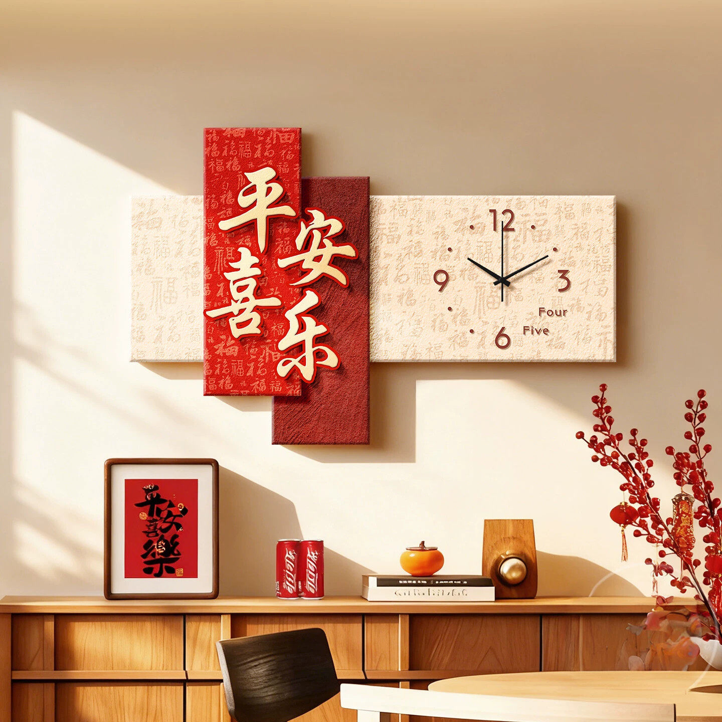 新年欢喜餐厅钟表装饰画中式客厅时钟挂画创意静音餐桌墙面挂钟画
