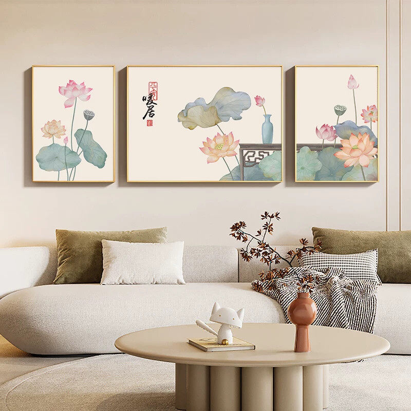 新中式荷花客厅装饰画沙发背景挂画国风大气卧室床头三联画壁画