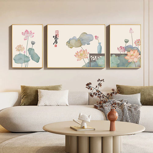 新中式荷花客厅装饰画沙发背景挂画国风大气卧室床头三联画壁画