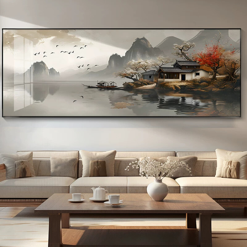 一帆风顺山水画办公室挂画新中式客厅装饰画茶室沙发背景墙水墨画